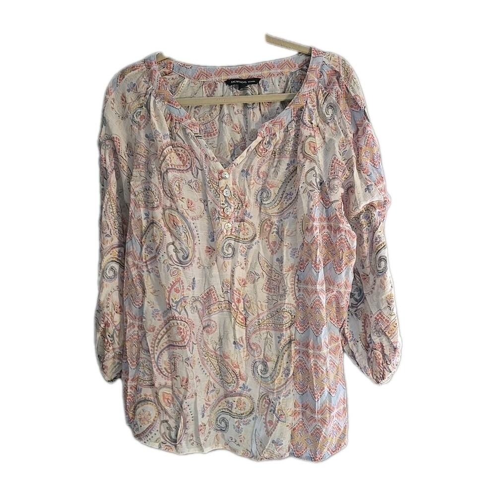 Zac & Rachel Pink Paisley V-Neck 3/4 Sleeve Boho Peasant Top Womans Plus Size 2X